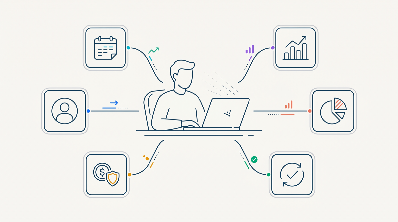 Editorial care team leverage illustration showing one operator coordinating multiple workflow modules.