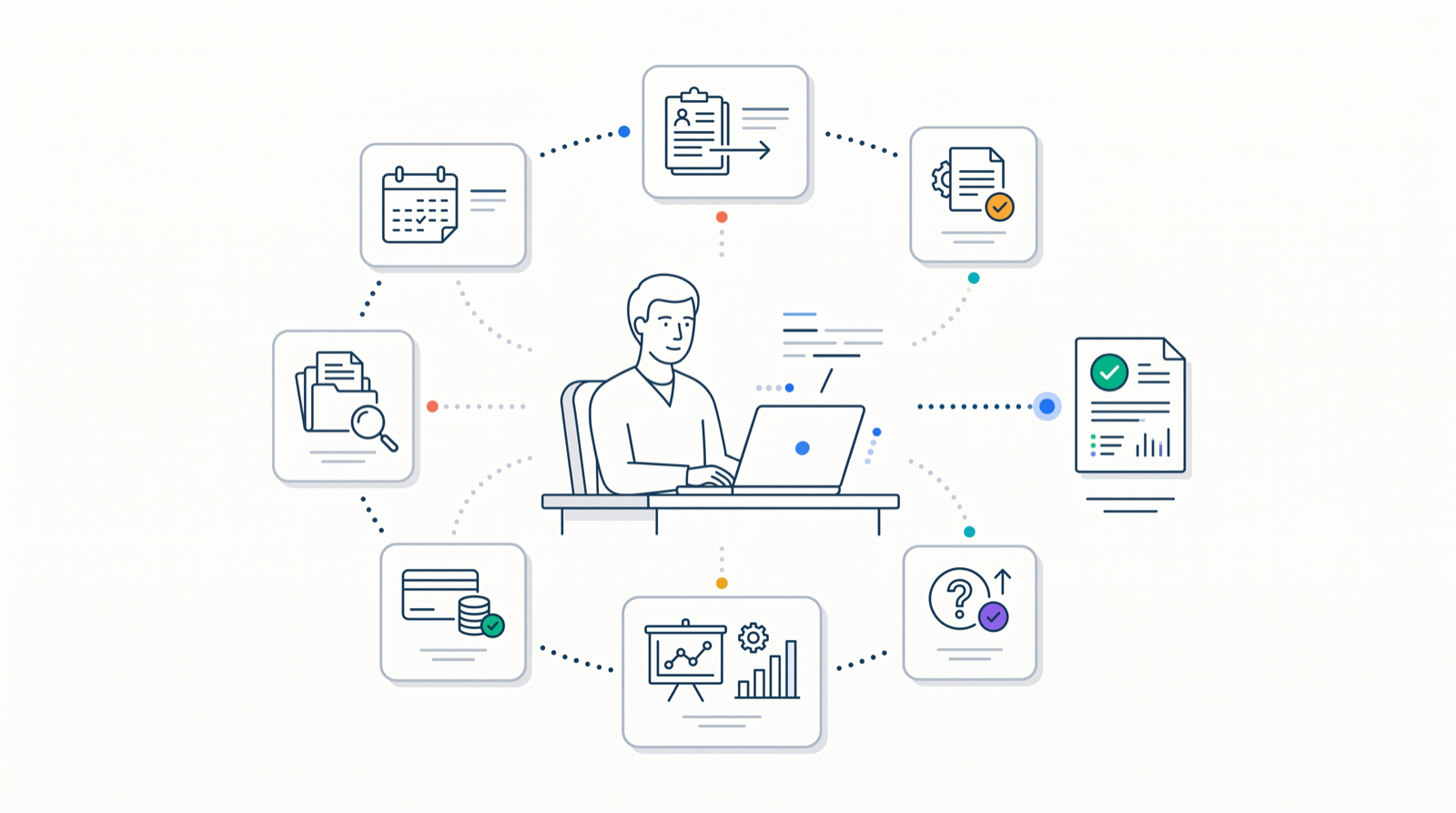 Editorial workflow orchestration illustration showing a clinician coordinating rounded workflow cards into a doctor-ready output.